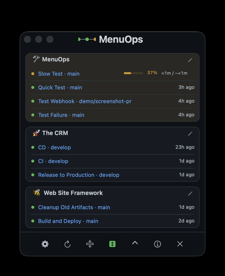 MenuOps showing live workflow build steps in the menu bar